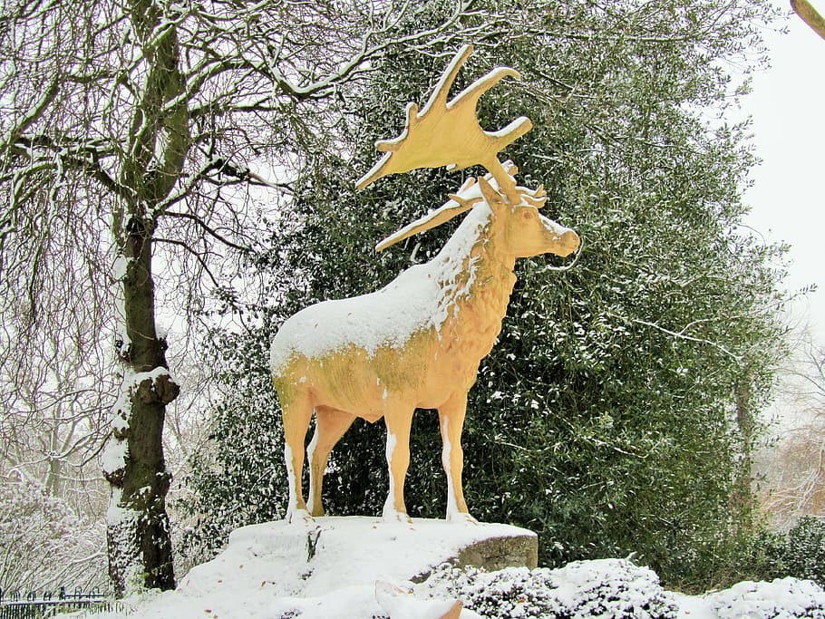 stag, snow, winter, statue, deer, reindeer, crystal palace, park, festive, season