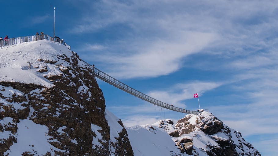 吊り橋, 山, ヴァレー州, スイス, 雪, 冬, 寒さ, 空, 風景-自然, 雲-空