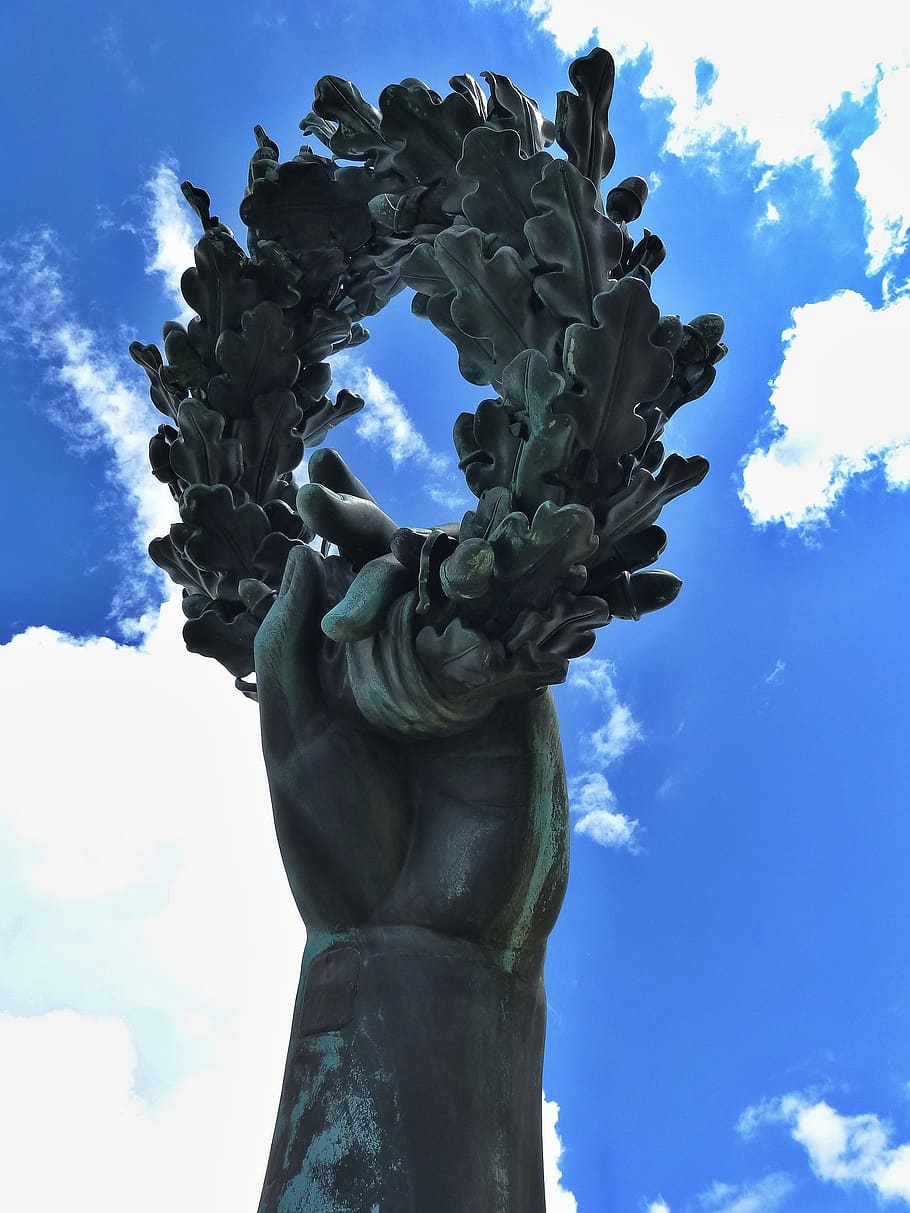 wreath, bavaria statue, munich, germany, detail, bronze, symbol, technical work, sky, cloud - sky