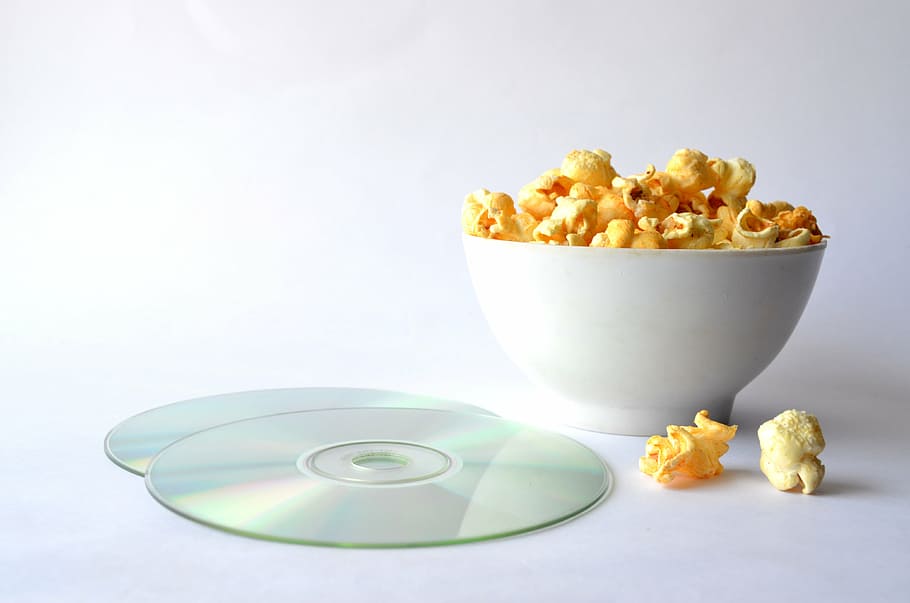 popcorns, bowl, compact, discs, popcorn, fast food, movie, cinema, food, corn