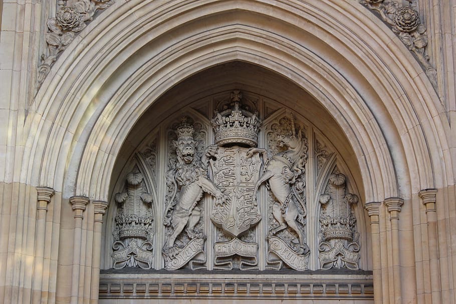 Parlamento, escudo de armas, Inglaterra, real, gran bretaña, reino unido, corona, león, unicornio, reina