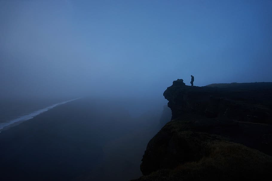 person, top, mountain, fog, people, man, alone, travel, climb, hike