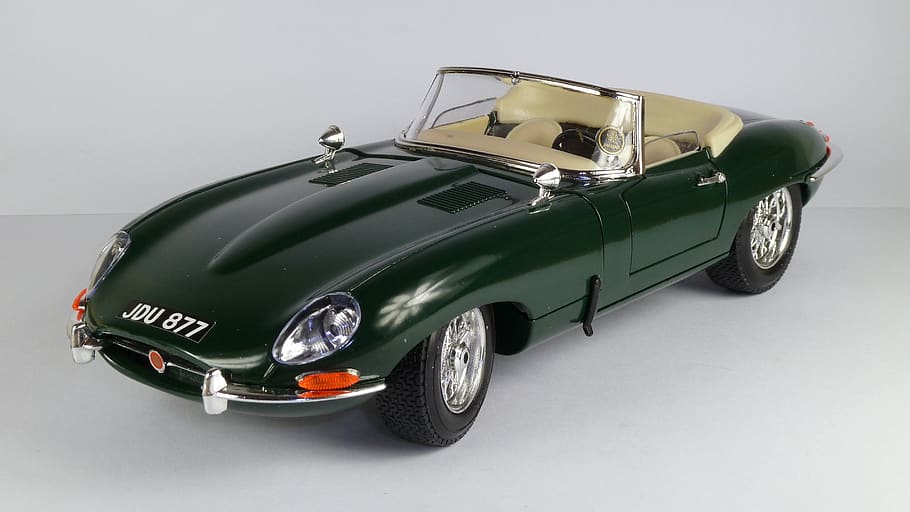 jaguar, tipo e, cabrio, 1961, jaguar e, descapotable, 1x18, modelo de coche, bburago, modo de transporte