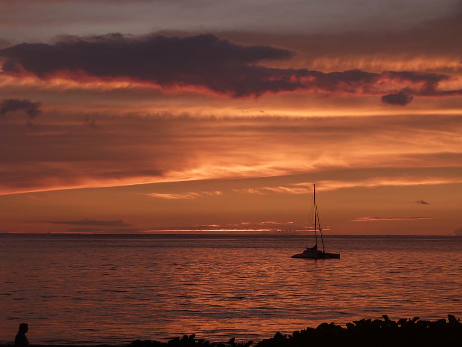boat, Maui, Sailboat, Sunset, Water, Sea, hawaii, kamaole beach, kihei, paradise