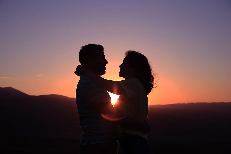 silhouette photography, couple, people, woman, man, hug, love, sunset, silhouette, togetherness