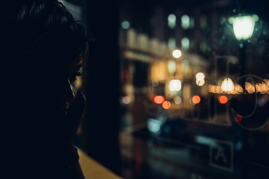 woman, glass window, nighttime, dark, night, people, calling, phone, blur, bokeh