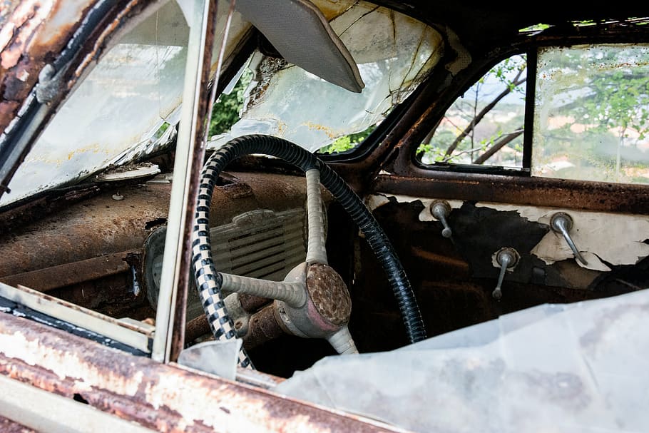 closed-up photo, classic, wrecked, brown, car, macro, shot, photography, steering, wheel