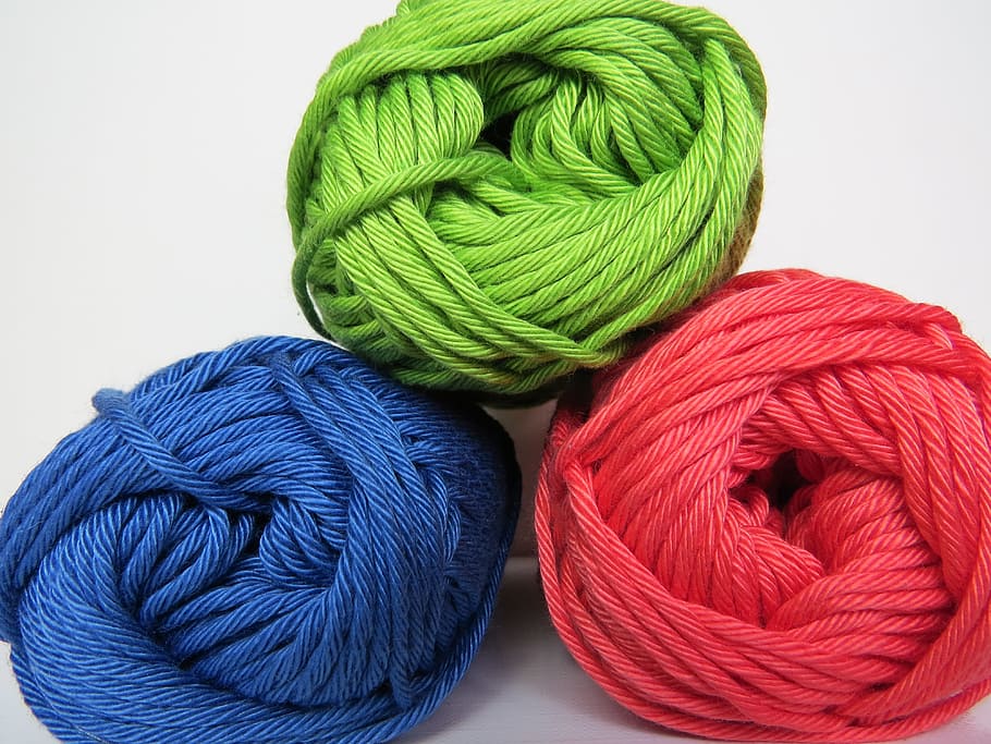 three, green, red, blue, yarn rolls, white, background, Wool, Cat'S Cradle, Knit