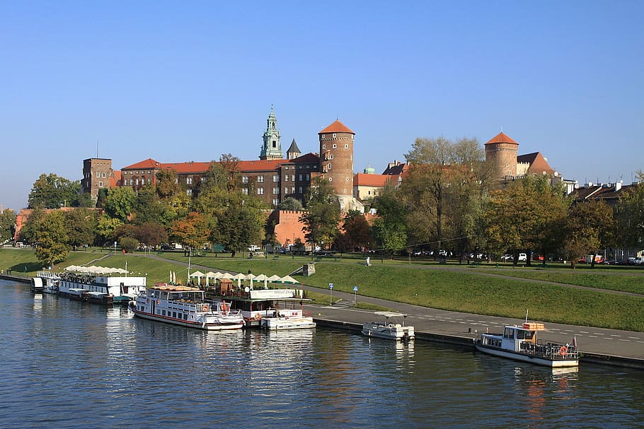 boats, docked, river, trees, daytime, king, krakow, poland, architecture, cracow