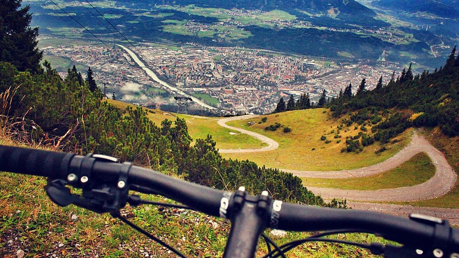 hitam, sepeda, handle, fotografi selektif-fokus, bersepeda gunung, pegunungan alpen, austria, losmen, bersepeda, gunung