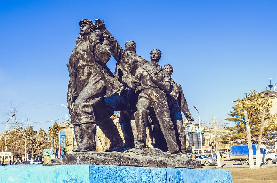 builders, the first builders, monument, kazakhstan, black monument, city, sculpture, people, nature, summer