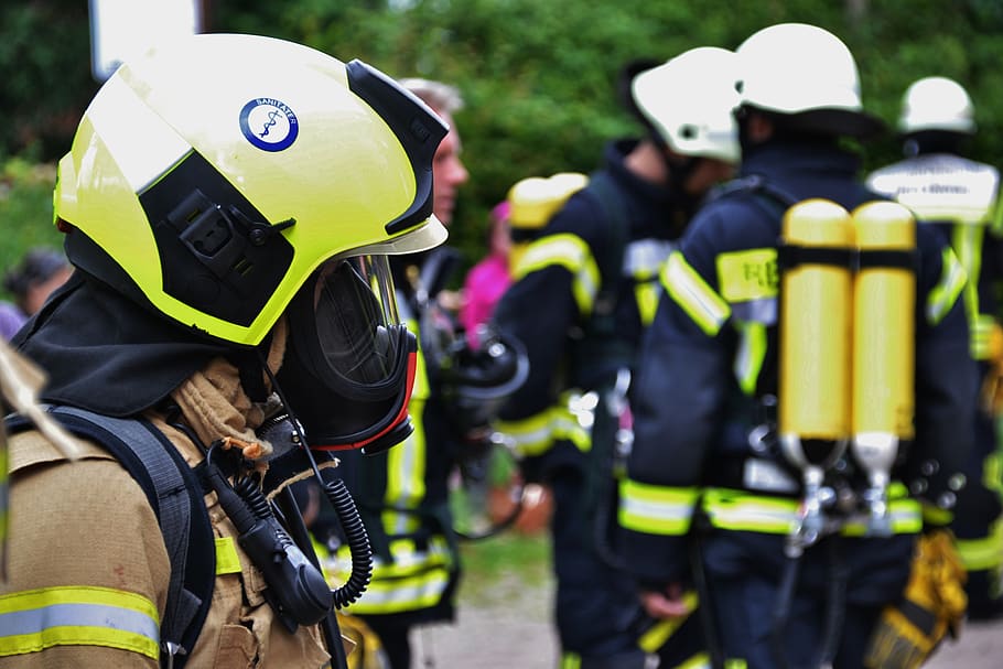 human, helm, fire, uniform, respiratory protection, use, forces, brand, smoke, 112
