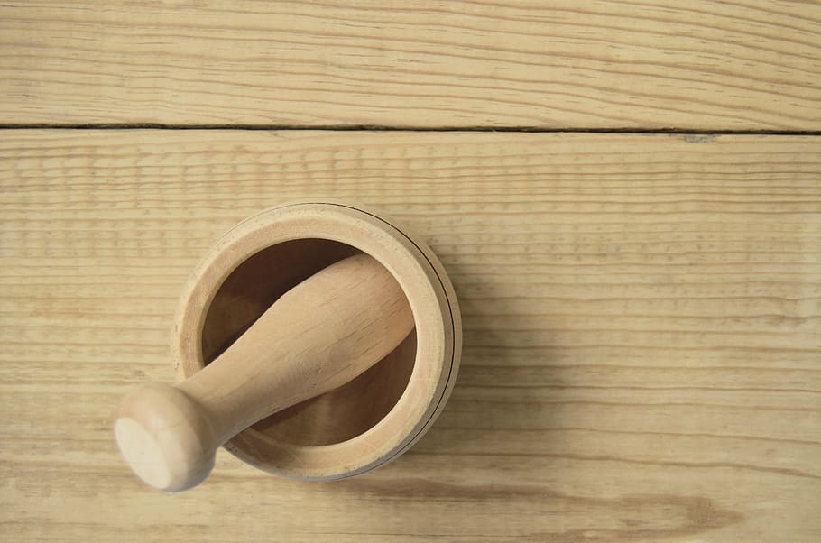 brown, wooden, mortar, pestle, table, wood, mix, wood - material, indoors, close-up