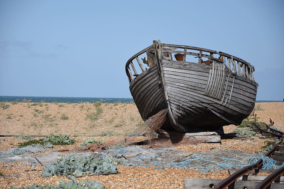 boat, wreck, shipwreck, pebble beach, sea, coast, sky, broken, wood, beach