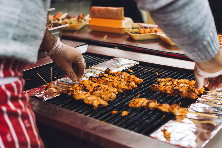 grilling chicken skewers, Grilling, chicken, skewers, cooking, hands, meat, food, gourmet, people