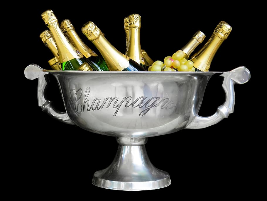 stainless, steel champagne bowl, wine bottles, champagne, drink, sparkling wine, bottles, champagne glasses, celebration, festival