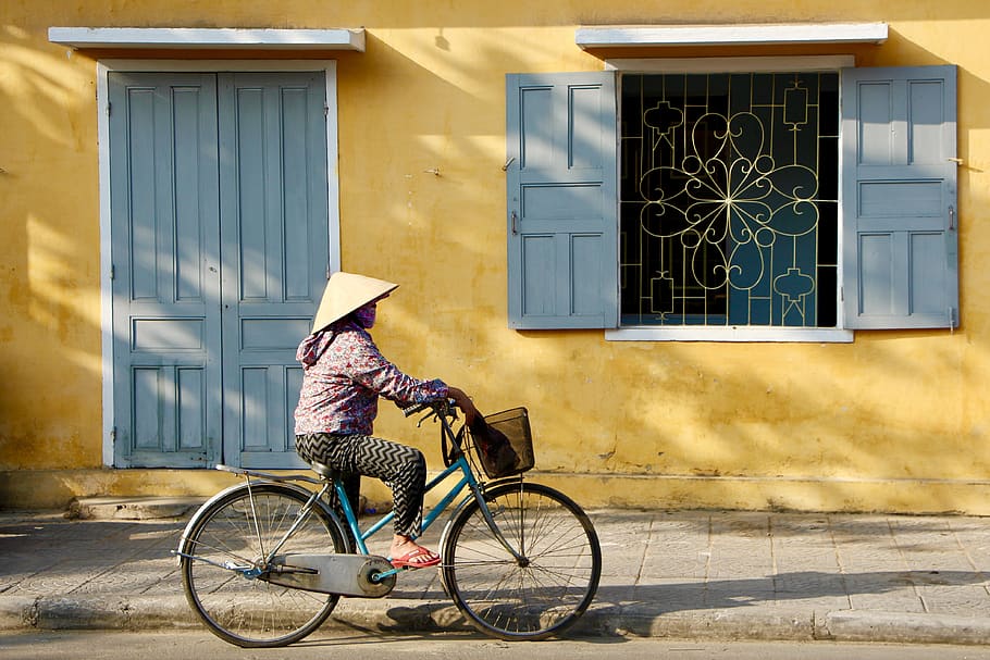 asia, sudeste de asia, hoi an, hoian, bicicleta, ciclismo, sombrero cónico, transporte local, vietnamita, persianas