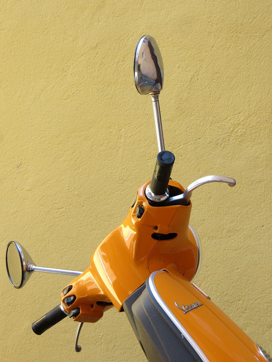 vespa, orange, roller, handlebars, retro, cult, lx50, mirror, handle, yellow