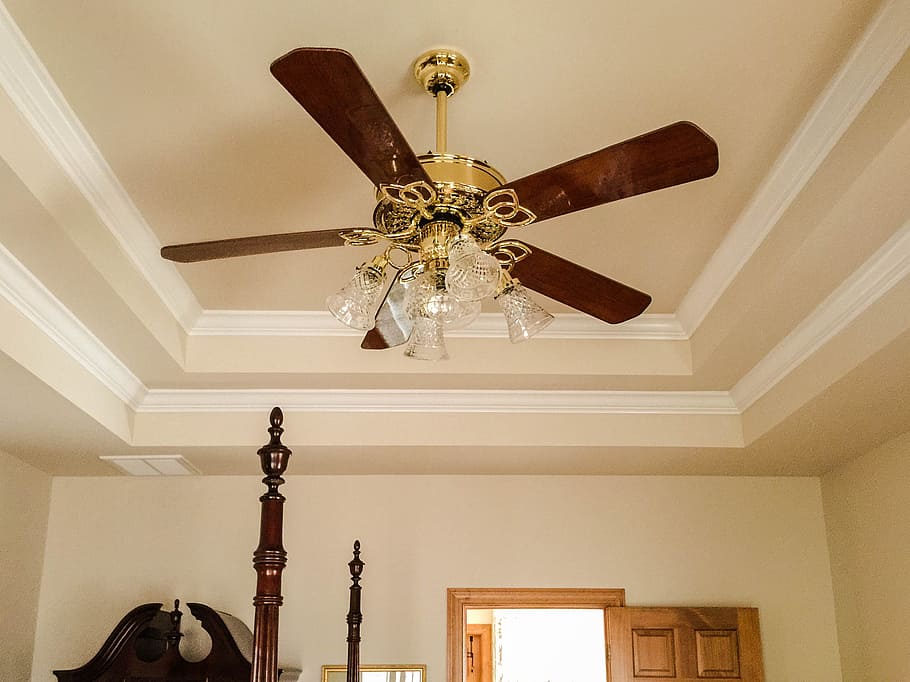 brown, 5-blade, 5- blade ceiling fan, light, ceiling fan, tray ceiling, crown molding, light fixture, fan blades, cooling