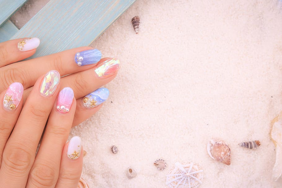 person, pink, blue, nail arts, pink and blue, arts, women, beauty, fingernail, manicure