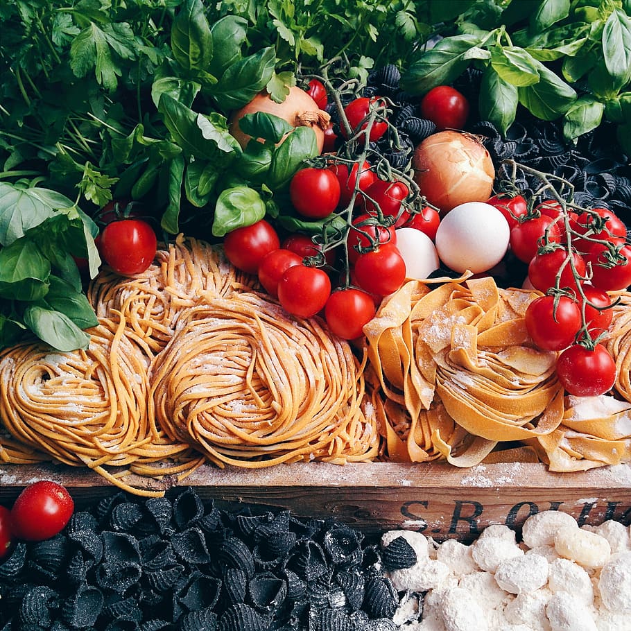 berwarna-warni, bahan masakan Italia, Luar Biasa, masakan Italia, bahan, kemangi, tomat ceri, Italia, pasta, tomat