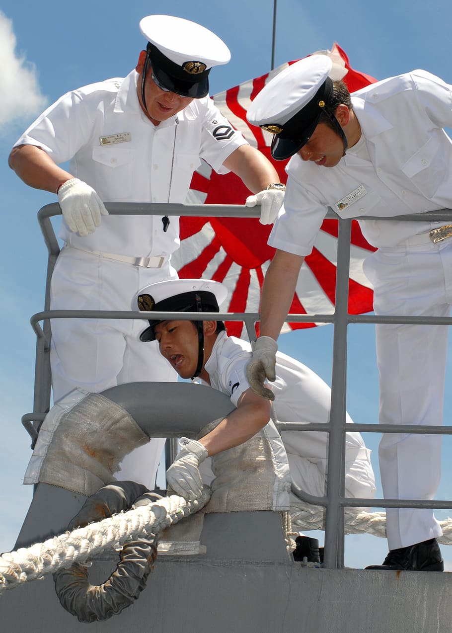 japanese, navy, sailors, ship, outside, rail, railing, mooring, flag, sunny