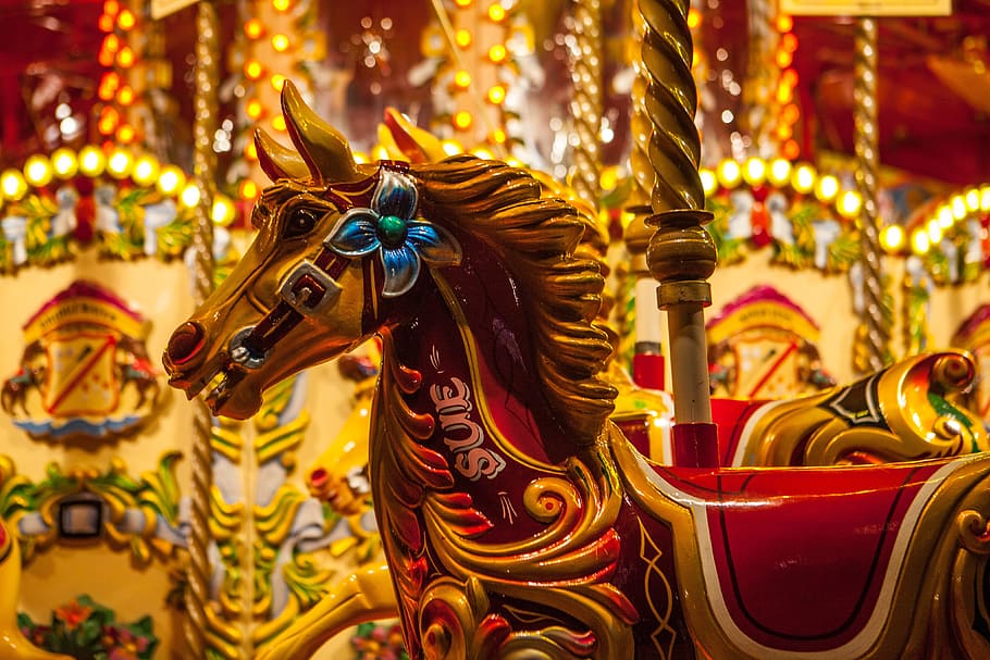 coloured, fairground carousel horse, Brightly, fairground, carousel, horse, various, amusement, animal, animals