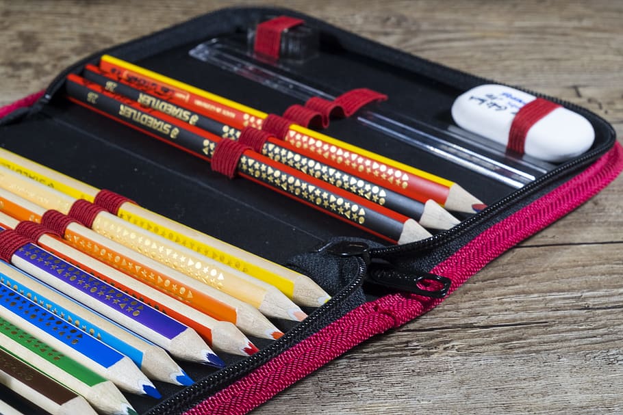 pensil aneka warna, penghapus, kantong, kembali ke sekolah, sekolah, tempat pensil, pena, pensil warna, pensil, perlengkapan sekolah