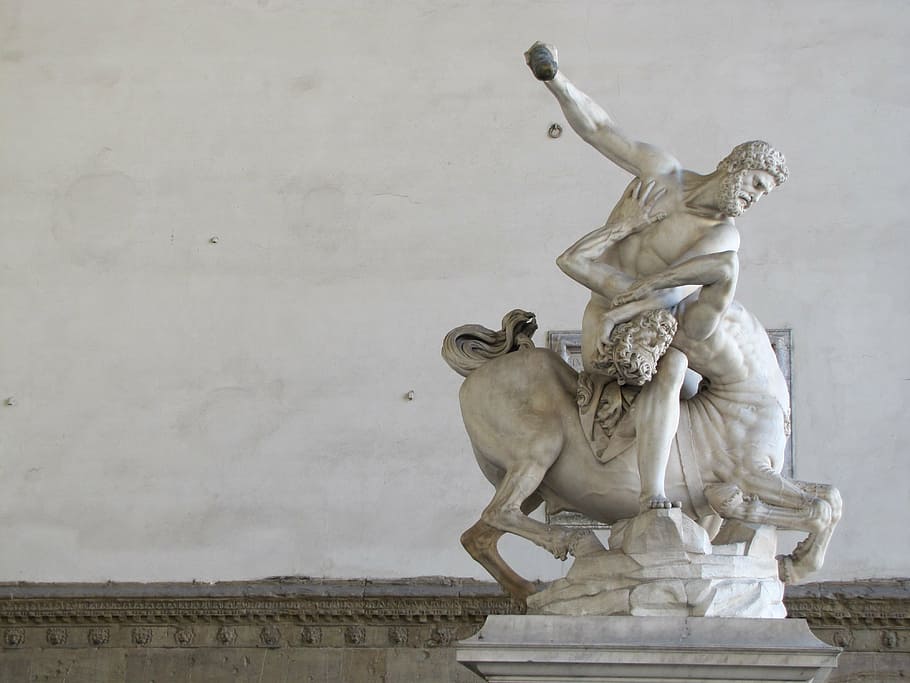 two, centaur, fighting, statue, hercules defeats the kentaurt, giovanni da bologna, sculpture, architecture, italy, europe