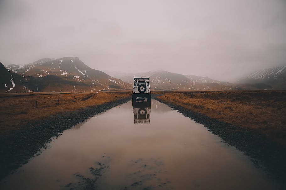 white, vehicle, pathway, road, mountains, reflect, clouds, grass, fog, field