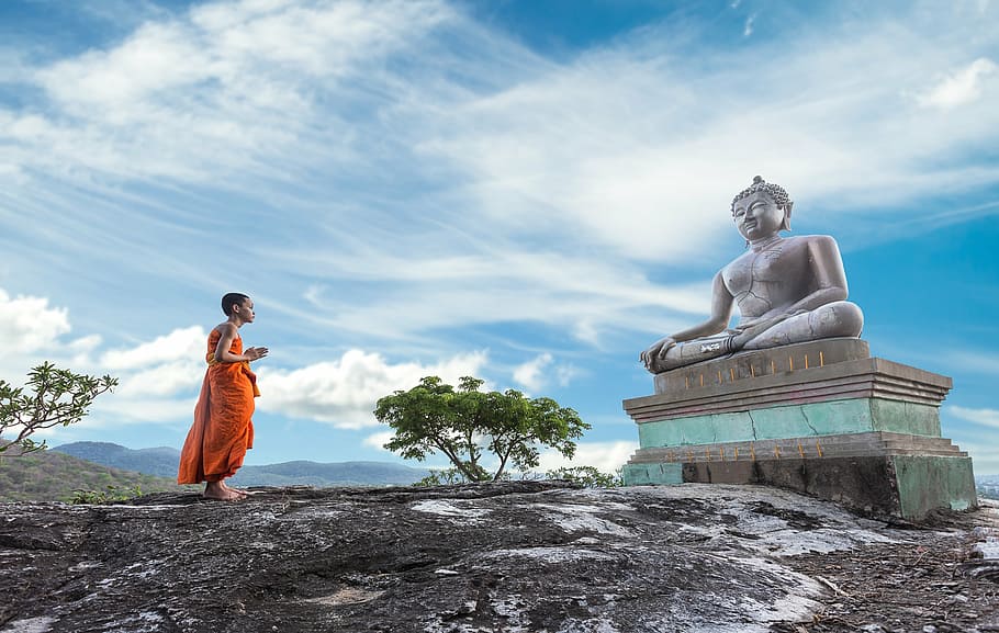 man, praying, front, gautama buddha statue, ancient, architecture, asia, background, bangkok, a blessing