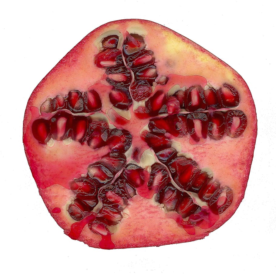red pomegrenade fruit, Fruit, Pomegranate, Sweet, Exotic, red, healthy, fresh, ripe, half