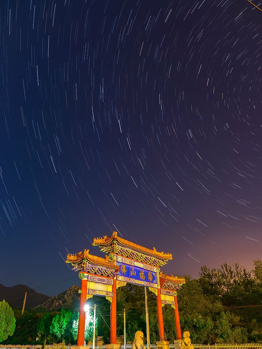 timelapse photo, triumphal arc gate, nighttime, astronomy, china town, sky, scene, chinese, asian, oriental
