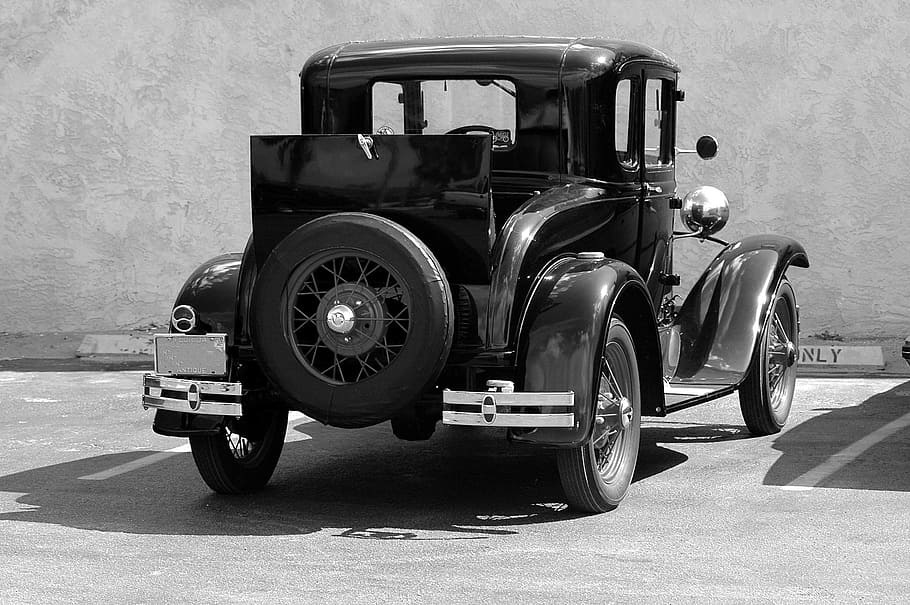 grayscale photography, vintage, car, parked, wall, old model t-ford, black, white, automobile, retro