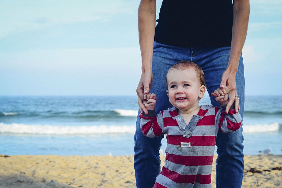 man, holding, baby, seashore, son, father, people, child, kid, happy