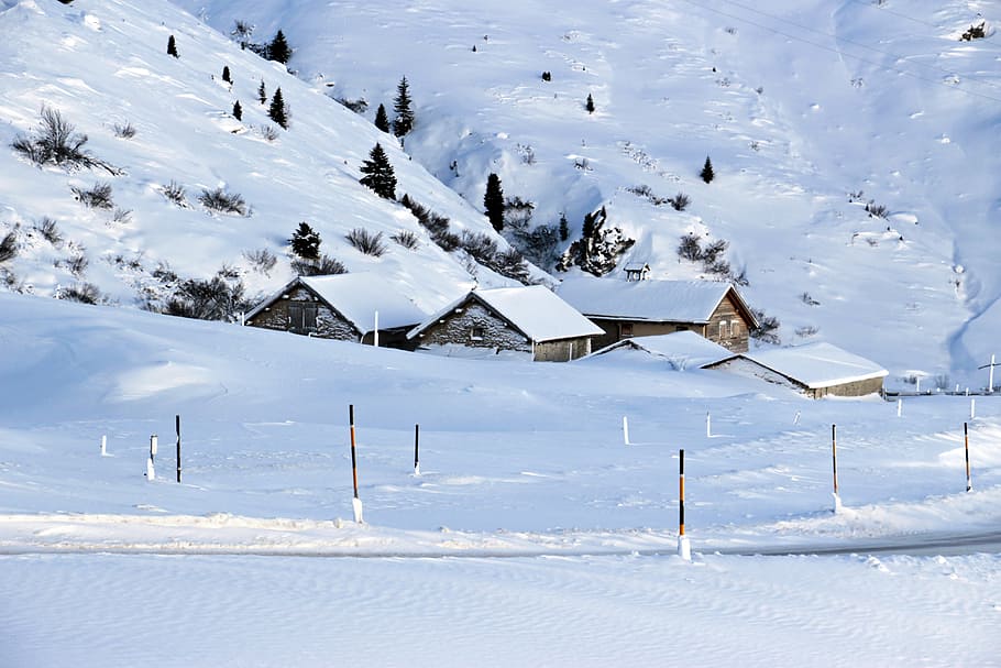 photograph, small, town, coated, snow ice, snow, winter, bergdorf, alpine, switzerland