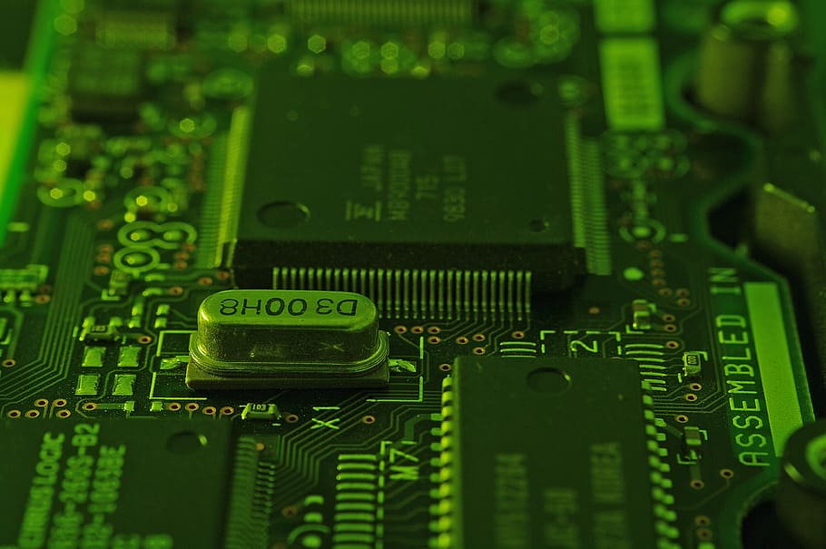 tembakan makro, motherboard, Sirkuit, Microchip, Close-Up, elektronik, komponen, makro, hijau, detail