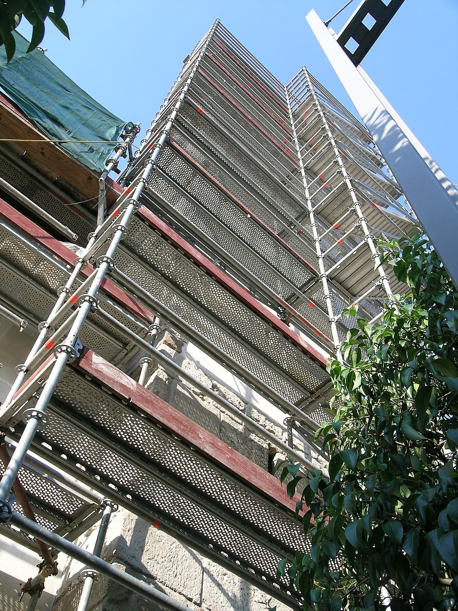 scaffolding, building, restructuring, built structure, architecture, low angle view, building exterior, sky, plant, tree