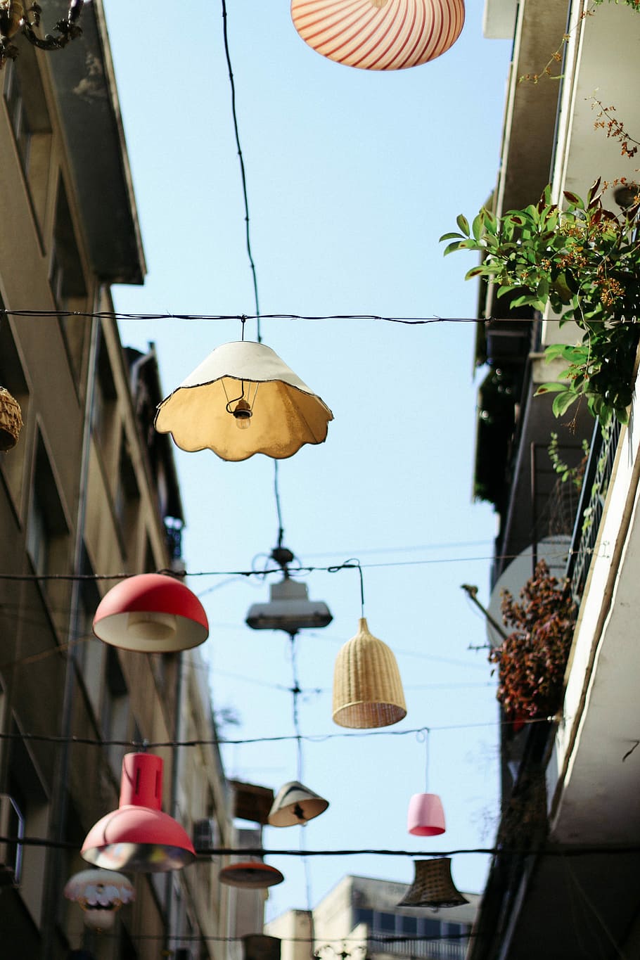assorted hanging light, light, electric Lamp, lantern, architecture, urban Scene, hanging, day, built structure, low angle view