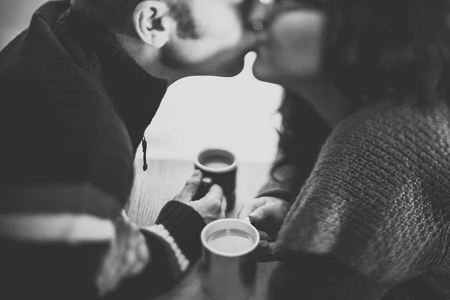 couple, kissing, love, romance, guy, girl, woman, man, people, coffee