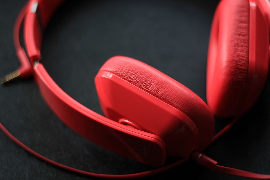 red, corded, headphones, music, entertainment, sound, audio, listening, musical, earphones