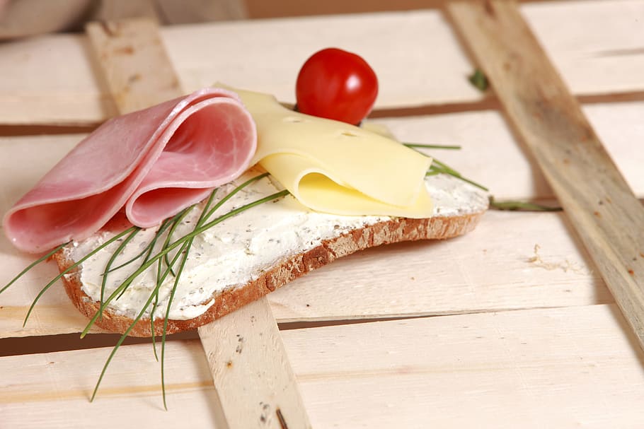 ham, cheese, cherry, bread toppings, bread and butter, chives, breakfast, diet, eat, wooden box