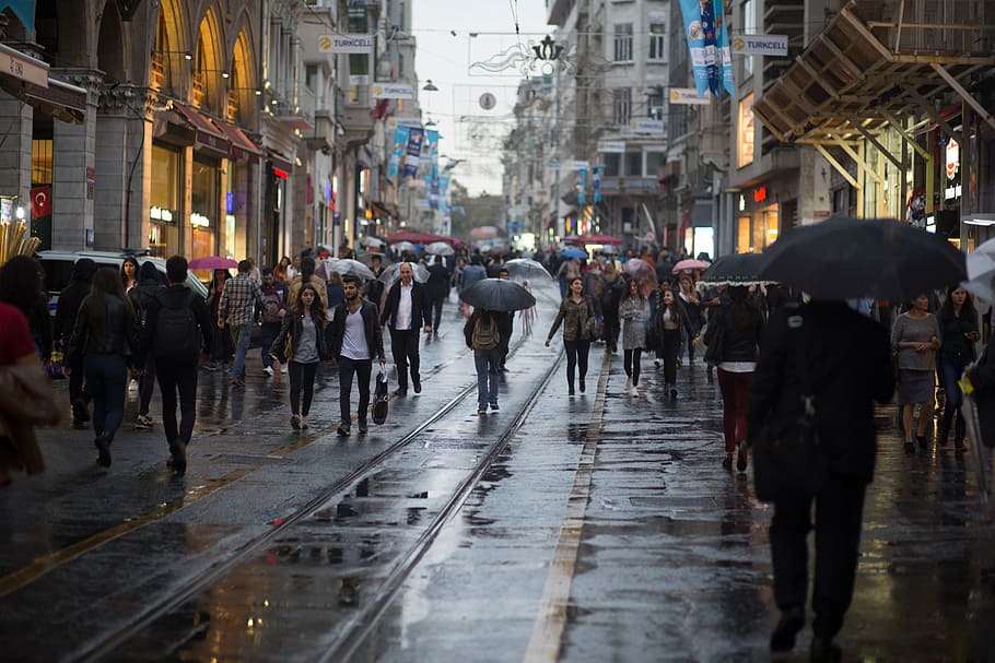 people on street, crowd, people, walking, street, city, men, women, rainy, umbrella