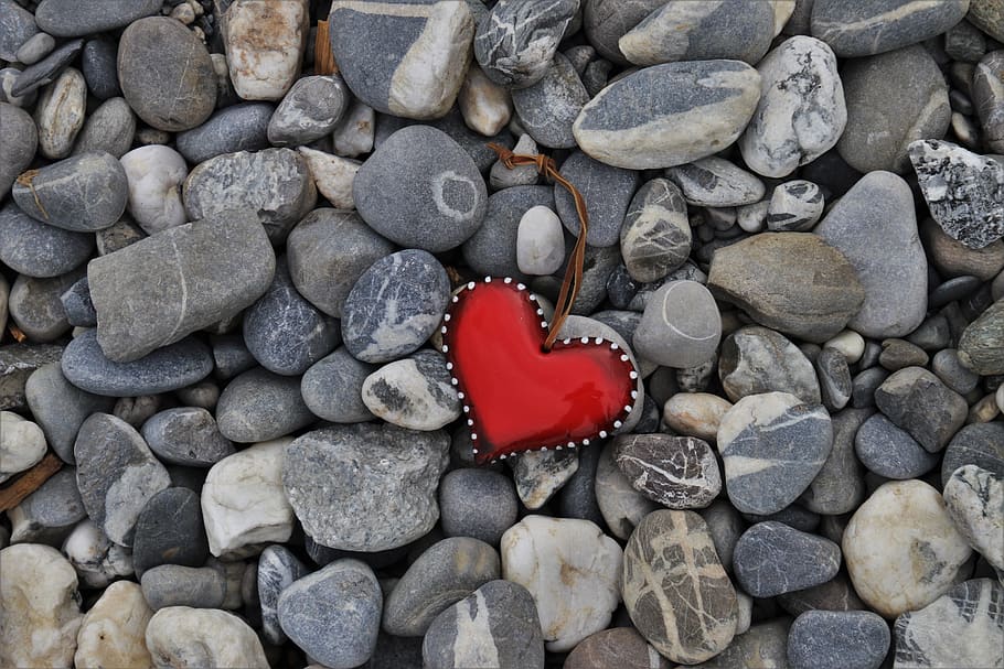 gray, the stones, model, red heart, rock, balance, granite, closeup, surface, hdr