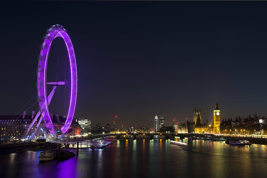 rueda de la fortuna púrpura, arquitectura, big ben, barco, puente, edificios, ciudad, luces de la ciudad, paisaje urbano, muelle
