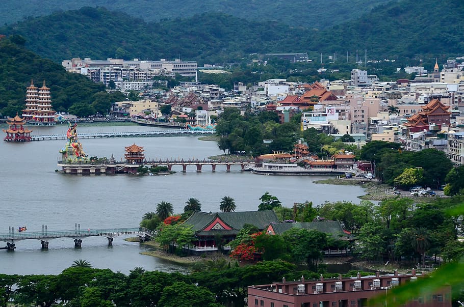 Gunung, Danau, Lanskap, Bangunan, jembatan, kiri 營 蓮 chi tan, pagoda harimau naga, air, sungai, arsitektur
