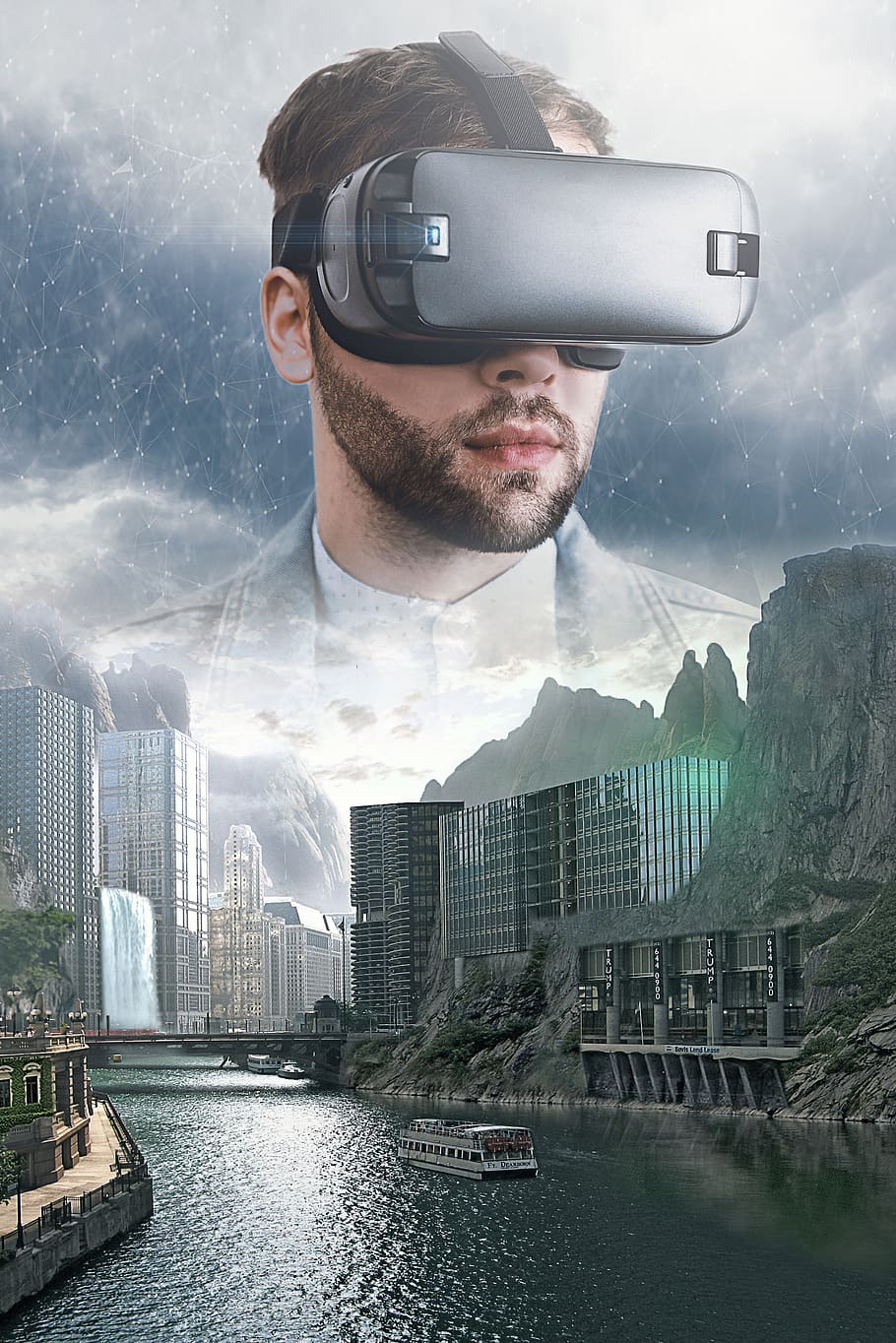 fantasy, virtual reality, vr, vr glasses, man, sky, clouds, networks, city, futuristic city
