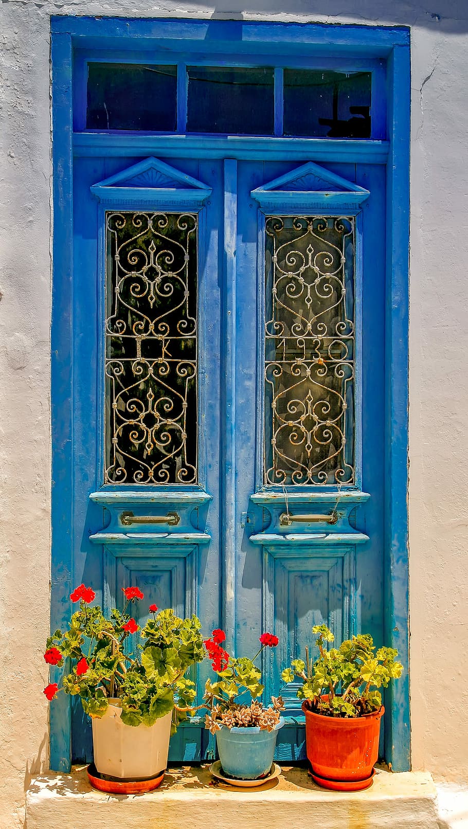 en maceta, plantas, al lado, cerrado, ventana, arquitectura, puerta, vacaciones, viajes, Grecia