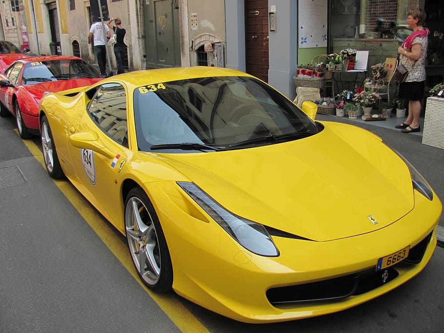 yellow, ferrari 458 italia coupe, parked, concrete, building, daytime, auto, super car, ferrari, sports car