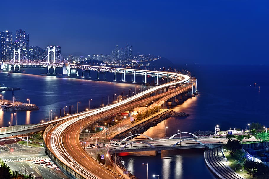 noites, iluminado, sul, coreia, ponte de Gwangan, até, coréia do sul, paisagem urbana, fotos, luzes